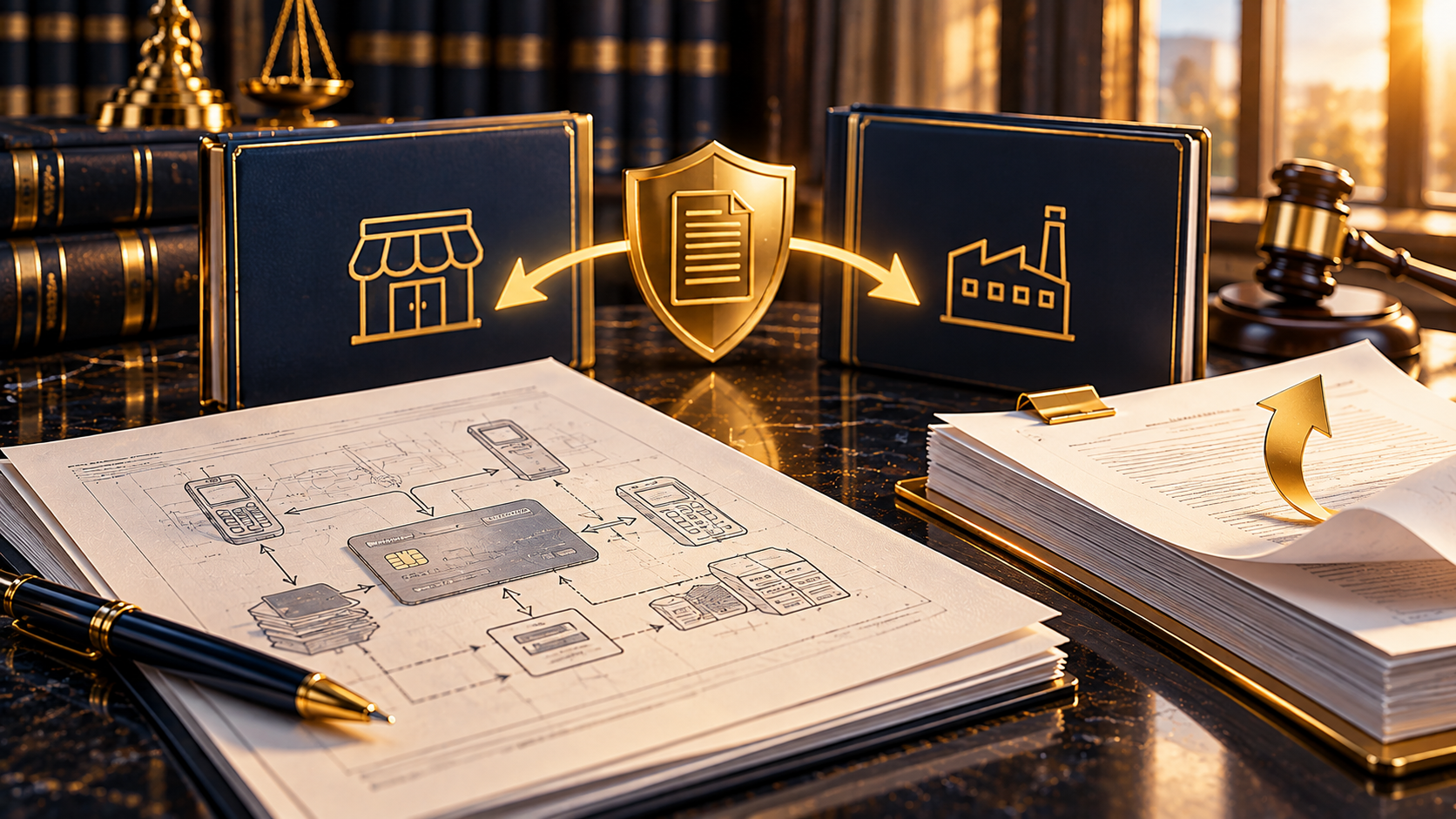 Patent gift-card system documents beside supplier and retailer contract folders with an indemnity shield, illustrating AlexSam v. Simon
