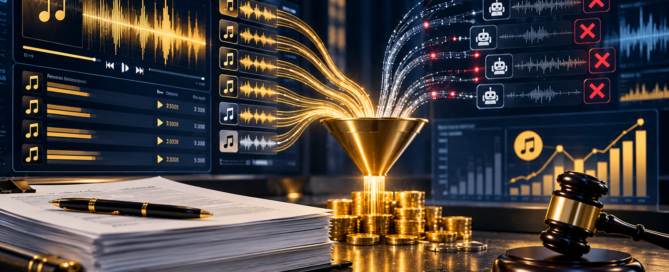 Music streaming analytics, royalty flows, and legal policy imagery illustrating the Copyright Office's 2026 streaming fraud inquiry