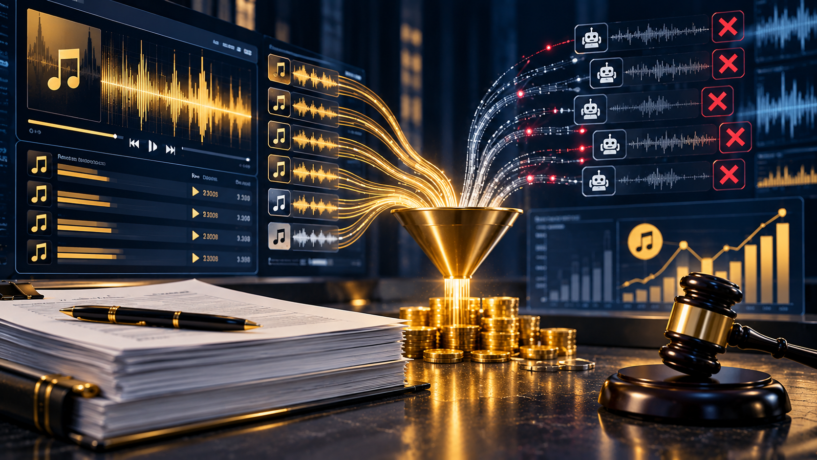 Music streaming analytics, royalty flows, and legal policy imagery illustrating the Copyright Office's 2026 streaming fraud inquiry