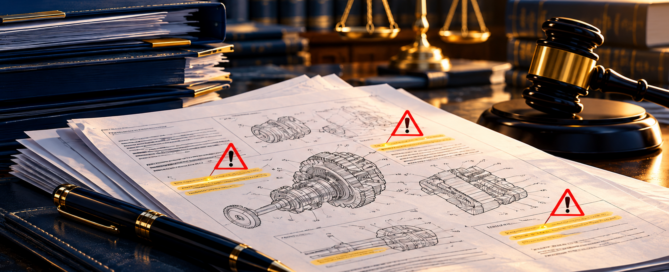 Patent drawings with warning markers, legal files, scales and gavel illustrating pre-suit validity investigation and sanctions in Epic Tech v. Pen-Tech