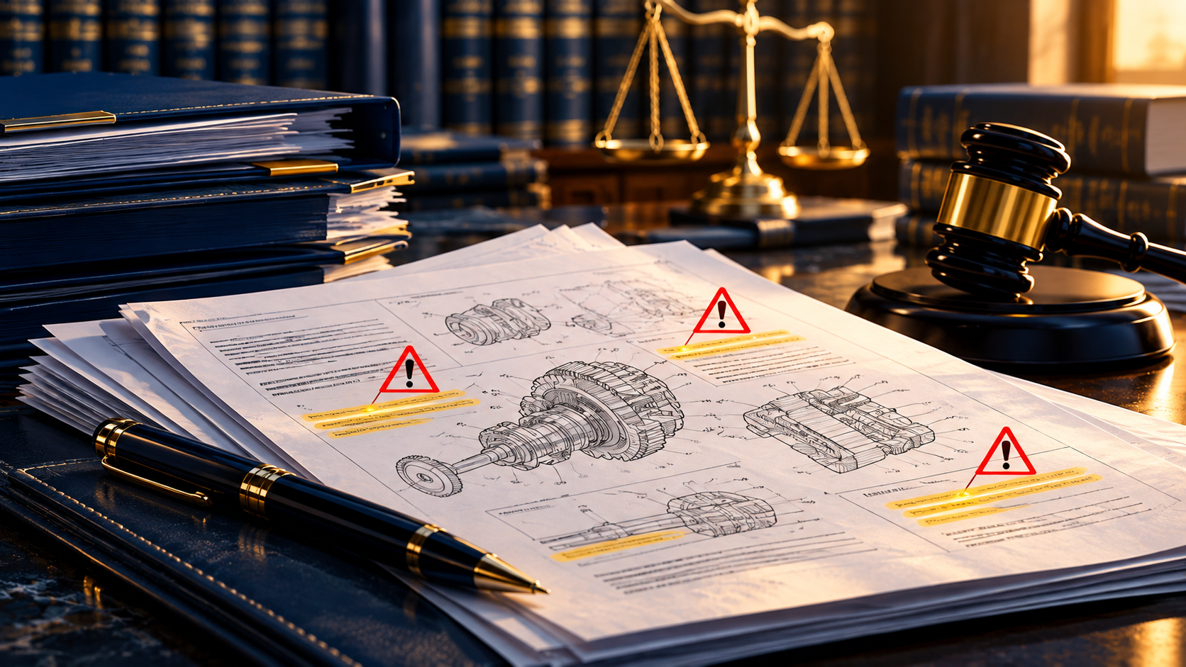 Patent drawings with warning markers, legal files, scales and gavel illustrating pre-suit validity investigation and sanctions in Epic Tech v. Pen-Tech