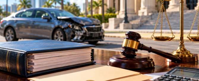 Florida courthouse scene with damaged car, insurance file, gavel, scales, and financial documents illustrating an excess-judgment insurance dispute