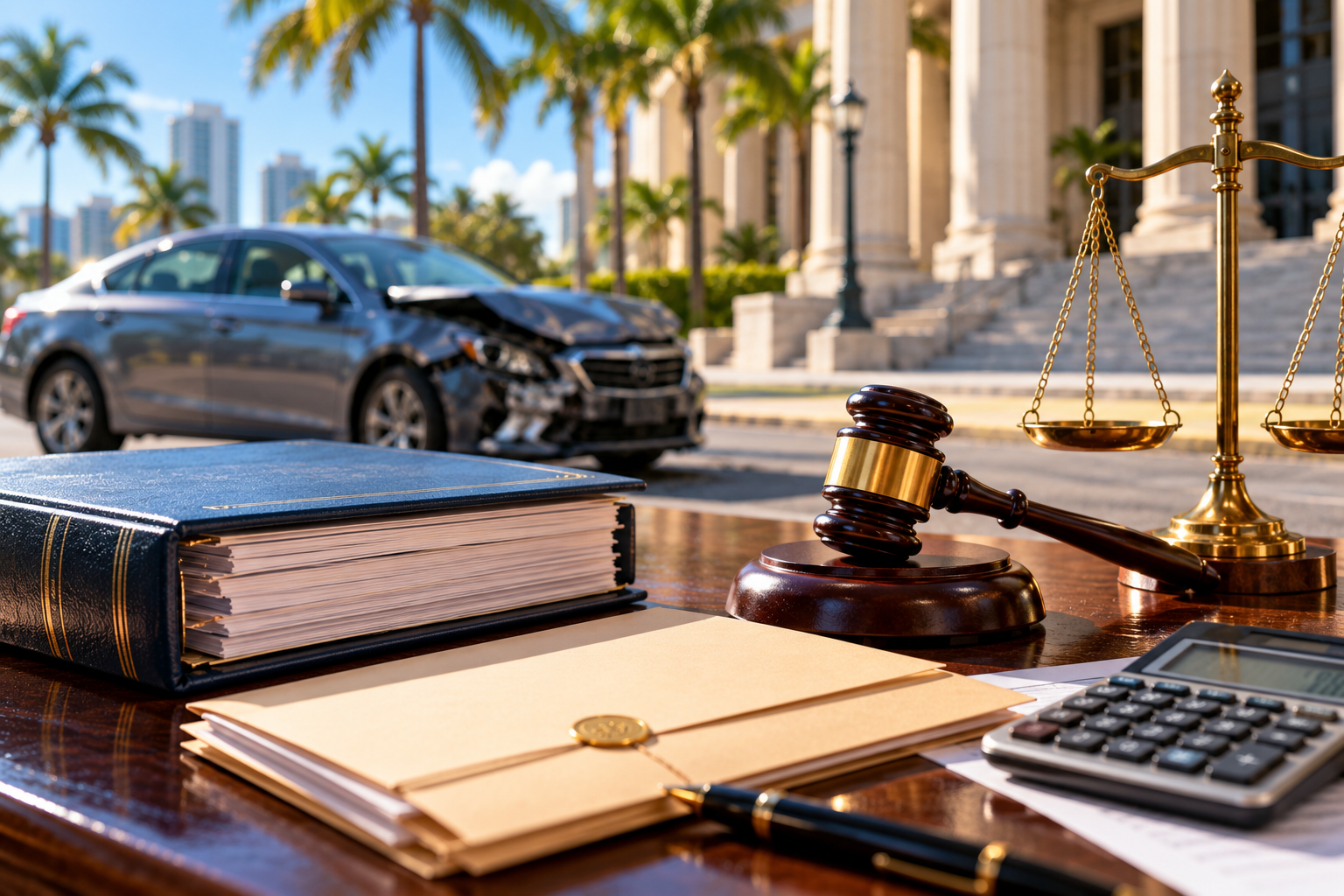 Florida courthouse scene with damaged car, insurance file, gavel, scales, and financial documents illustrating an excess-judgment insurance dispute
