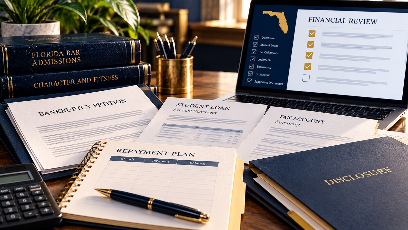 Florida Bar admissions financial review with bankruptcy, student loan, tax, and repayment documents