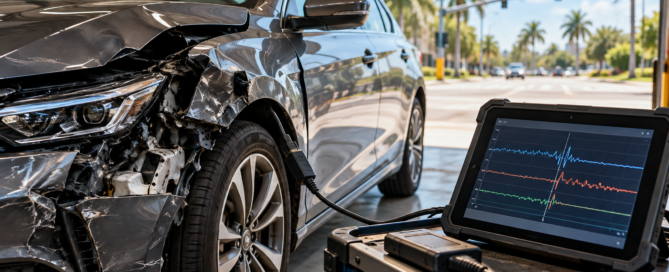 Crash-damaged car connected to diagnostic equipment for event data recorder analysis after a Florida collision