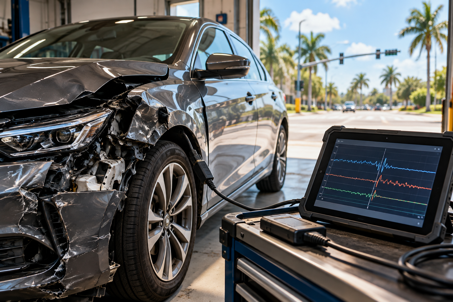 Crash-damaged car connected to diagnostic equipment for event data recorder analysis after a Florida collision