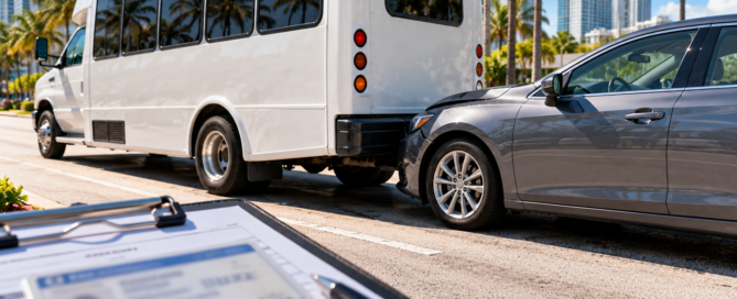 Passenger shuttle bus and car after a minor Florida rear-end collision with commercial driver credential paperwork in the foreground