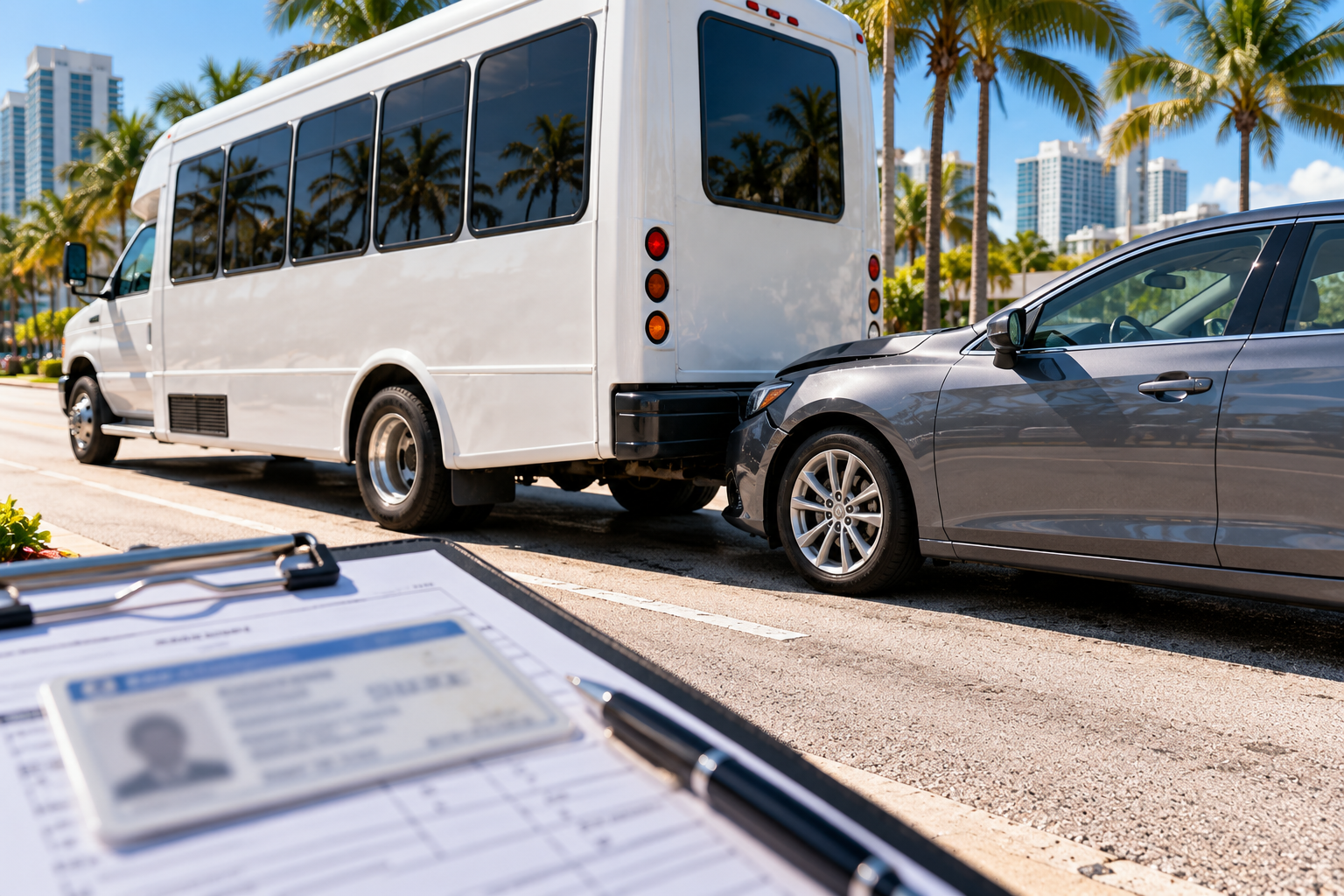 Passenger shuttle bus and car after a minor Florida rear-end collision with commercial driver credential paperwork in the foreground