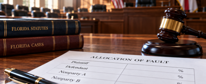 Florida courtroom with allocation of fault verdict form, gavel, law books, and scales of justice