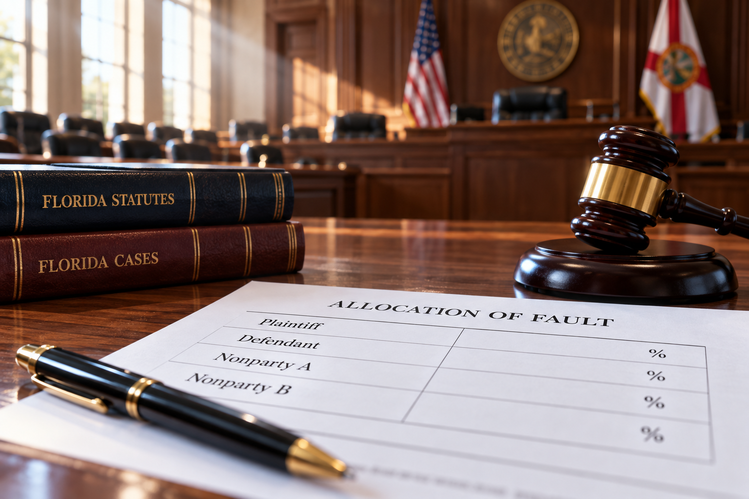 Florida courtroom with allocation of fault verdict form, gavel, law books, and scales of justice