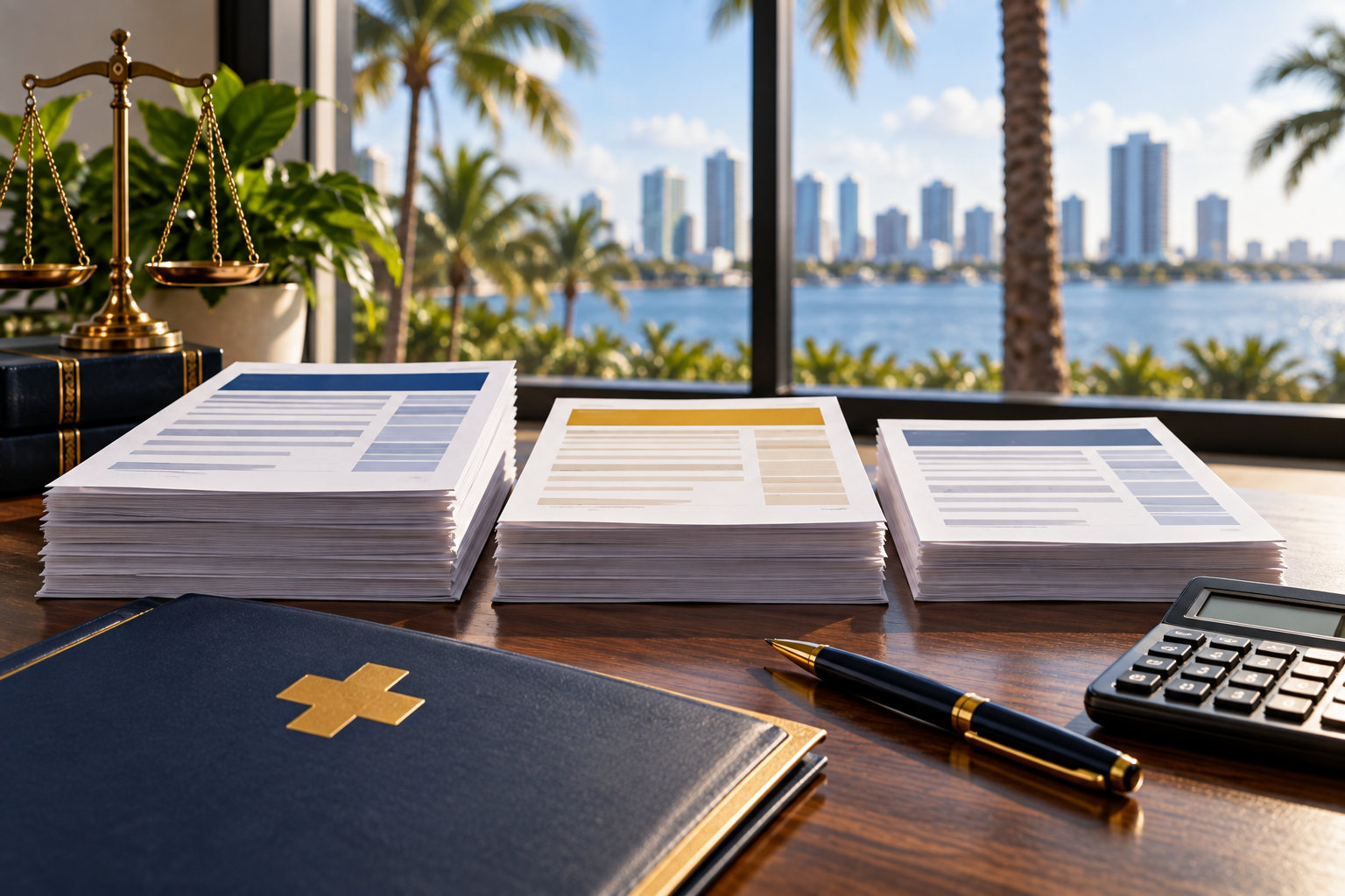 Florida medical expense evidence illustrated with billing, insurance, and reimbursement records on a South Florida law office desk