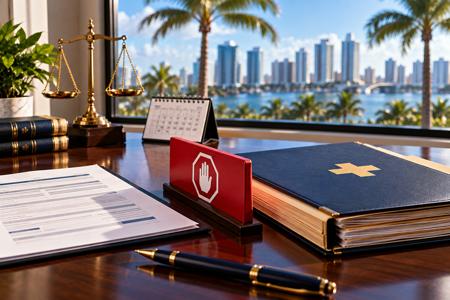 Florida nonparty medical-record subpoena represented by legal records and a stop marker on a South Florida law office desk