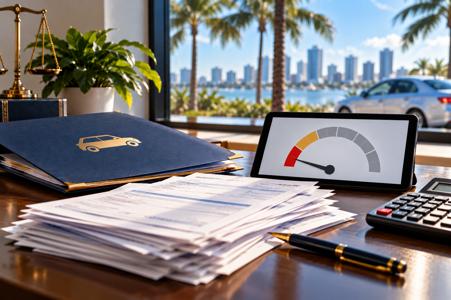 Florida PIP benefits nearly exhausted with auto insurance documents on a South Florida law office desk