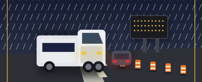 Commercial truck approaching a rainy Florida highway work zone with construction warnings and stopped traffic ahead.