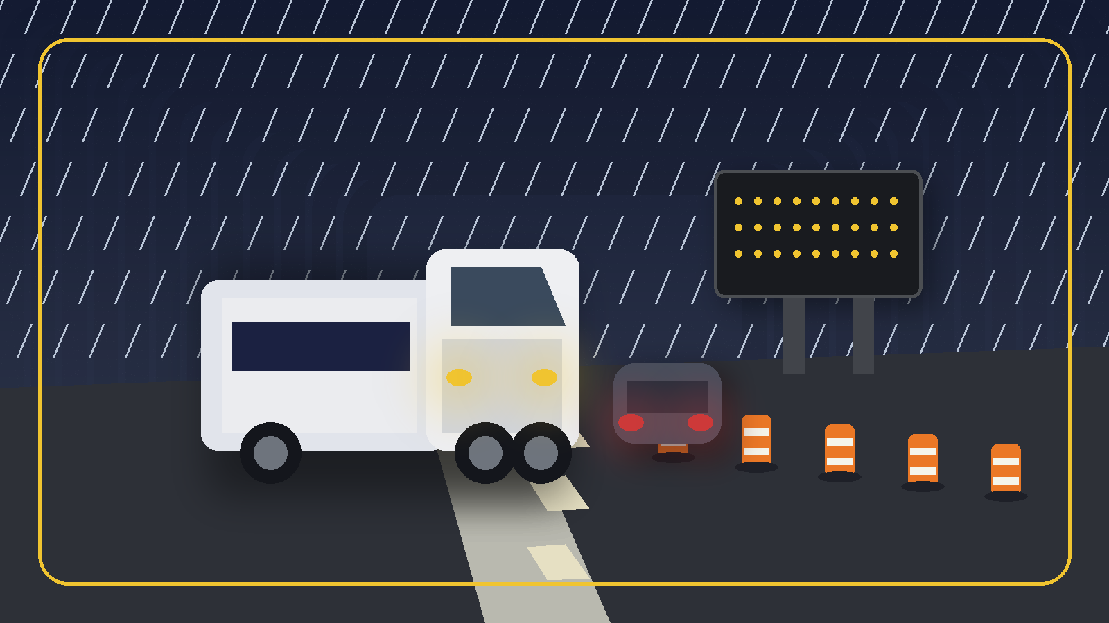 Commercial truck approaching a rainy Florida highway work zone with construction warnings and stopped traffic ahead.