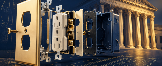 Exploded electrical outlet cover assembly beside a courthouse, illustrating patent claim construction in O'Reilly Winship v. SnapRays