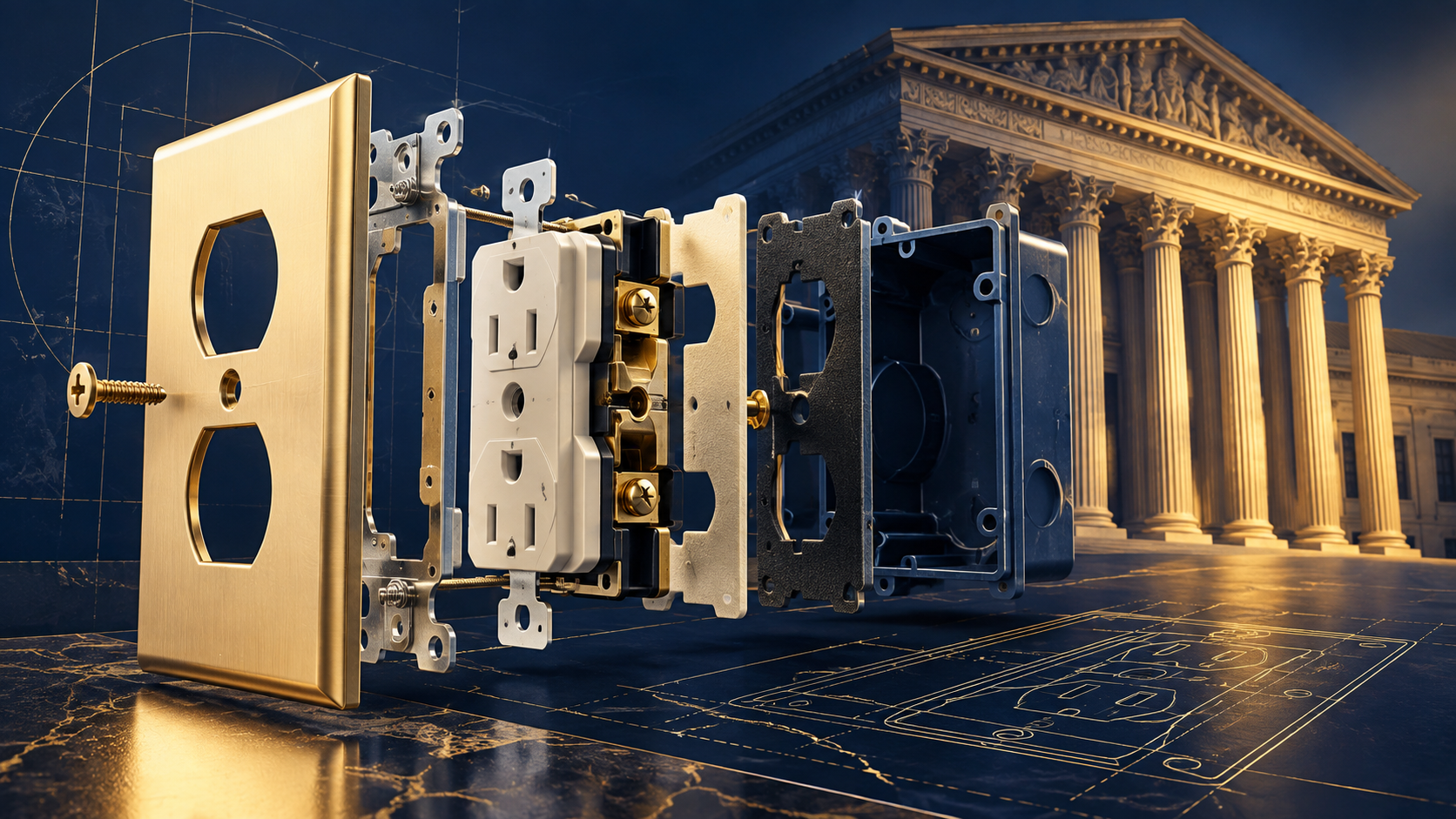 Exploded electrical outlet cover assembly beside a courthouse, illustrating patent claim construction in O'Reilly Winship v. SnapRays