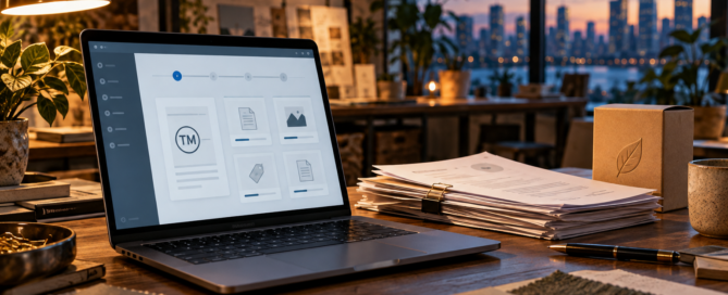 Trademark filing portal, renewal paperwork, and branded product packaging in a design studio.
