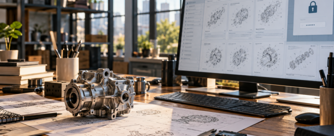 Patent-search screen with a login icon, engineering drawings, metal prototype, and calipers.
